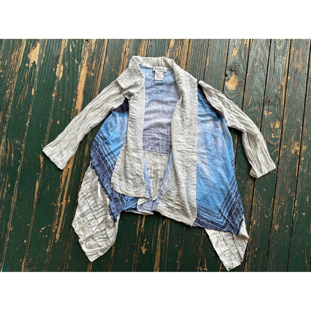 Ania A Womens Blue White Boho Open Front‎ Cardigan Ruffle Hem Draped Knit Small